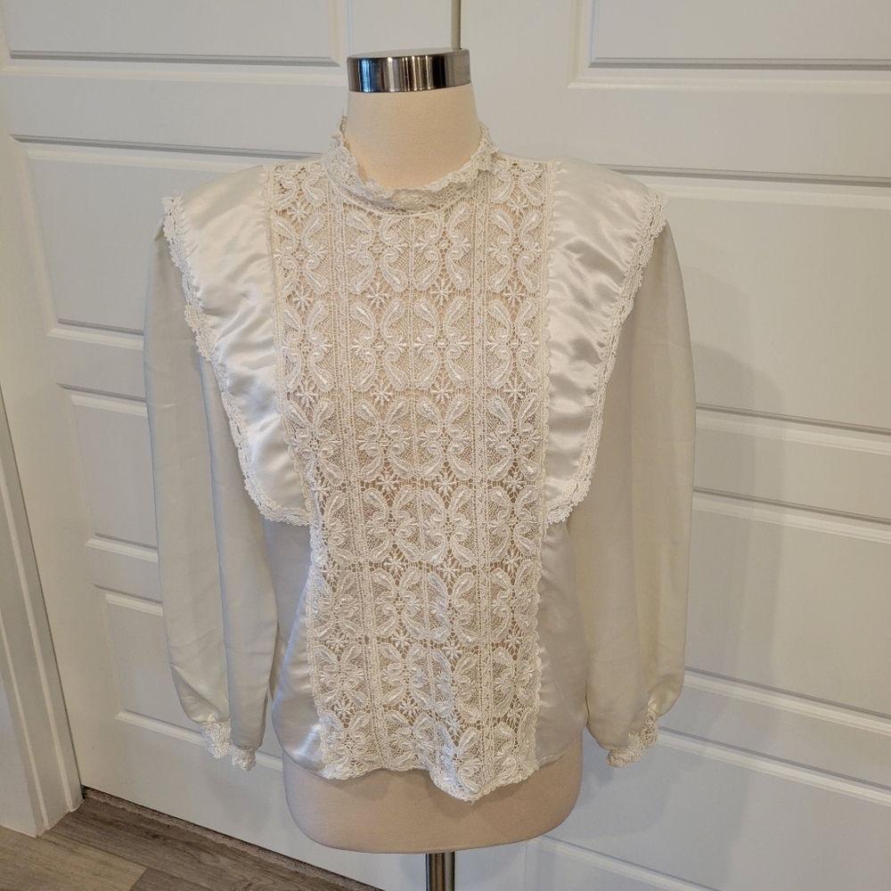SAN ANDRE VINTAGE 80S VICTORIAN CREAM BLOUSE NEO EDWARDIAN LACY BLOUSE Size 10 - Picture 3 of 15